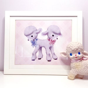 Creepy Cute Print Lamb Twins | Retro Kitsch Oddity Art as Quirky Home Decor Poster