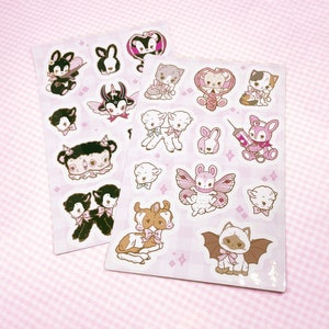 Stickers mignons effrayants | Animaux roses et noirs sur feuilles de vinyle brillantes | Bonbons étranges