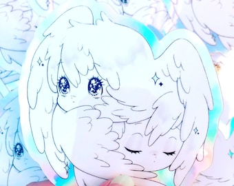 Sticker ange chérubin | Art anime rétro en noir et blanc sur sticker holographique
