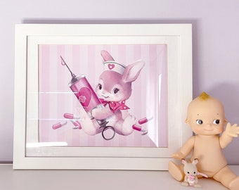 Nurse Bunny Print | Cute Vintage Kitsch Gloss Poster 8x10