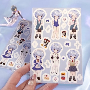 NGE Rei Sticker Sheet | Anime Retro Kitsch Paper Doll Fanart as Vinyl Sticker Sheet