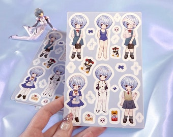 NGE Rei Sticker Sheet | Anime Retro Kitsch Paper Doll Fanart as Vinyl Sticker Sheet