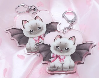 Creepy Cute Keychain Bat Cat | Retro Kitsch Oddity Art on Acrylic Charm Accessory