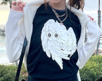 Cherubim Angel | Retro Black and White Anime Art on Unisex Black T-shirt
