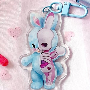 Creepy Cute Skeleton Bunny Acrylic Charm | Rabbit Oddity Art on Keychain Accessory