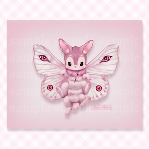 May include: A digital illustration of a pink moth-like creature with large ears, fluffy body, and expansive wings featuring eye-like markings. The creature holds a small dark object. The background is light pink with repeating sample text.