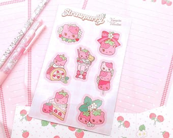 Strawpurry Strawberry Kitten Pink Cat Glossy Sticker Sheet
