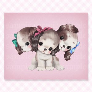 May include: A digital illustration of a three-headed puppy with large dark eyes and brown fur. The left head has a green bow, the center head has a dark pink bow, and the right head has a light blue bow. The puppy is set against a solid pink background.