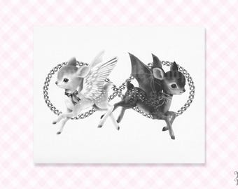 Angel & Devil Deer Print | Fawn Art as Quirky Wall Decor Poster