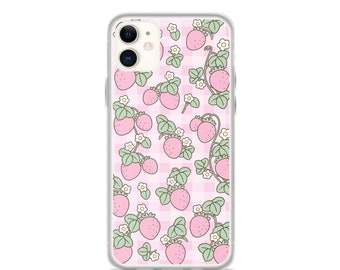 Strawberry Gingham iPhone®Case | Pink Aesthetic Art on Clear Case for iPhone®