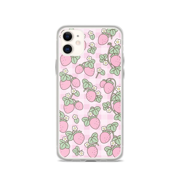 Strawberry Gingham iPhone®Case | Pink Aesthetic Art on Clear Case for iPhone®