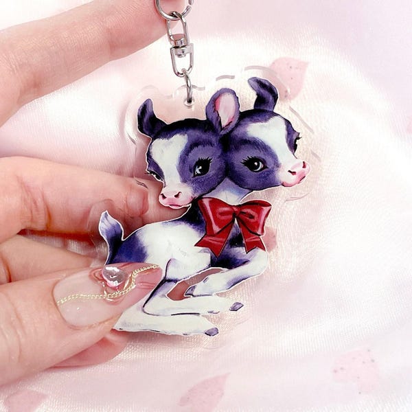 Two Headed Calf Keychain | Creepy Cute Oddity Art on Acrylic Charm Accessory