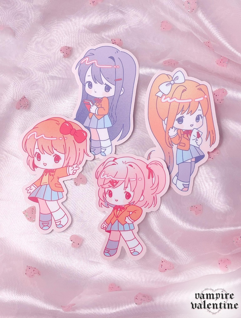 DDLC Literature Club Anime Stickers | Cute Colorful Visual Novel Fan Art on Vinyl Club (Set of 4)