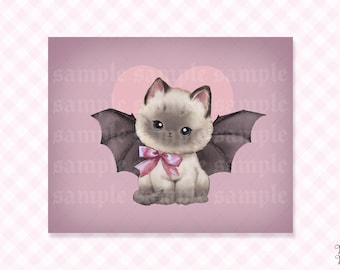 Creepy Cute Print Bat Kitten | Spooky Cat Kitsch Art as Quirky Wall Art Poster