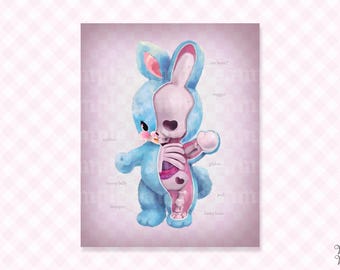 Creepy Cute Skeleton Bunny Print | Gothic Kitsch Rabbit Anatomy Illustration as Quirky Wall Art Poster