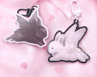 Angel & Devil Bunnies Keychains | Whimsigoth Rabbit Art on Acrylic Charm Accessory