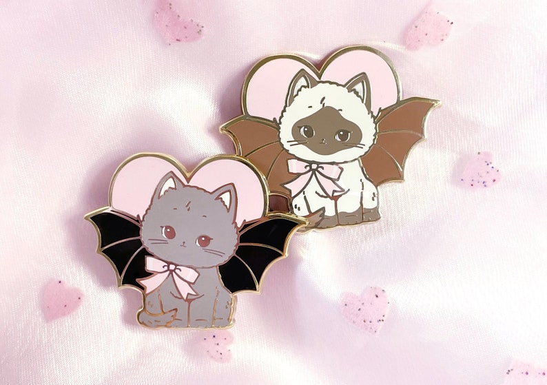 Creepy Cute Pin Bat Cat Retro Kitsch Kitten Oddity Art as Hard Enamel Accessory image 1