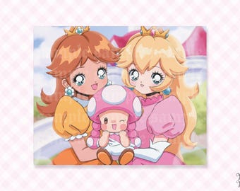 Mushroom Girls Print | Retro Super Princesses as 90s Anime Style Art on Holographic Wall Art Poster