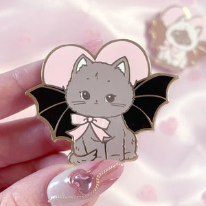 Creepy Cute Pin Bat Cat Retro Kitsch Kitten Oddity Art as Hard Enamel Accessory image 2