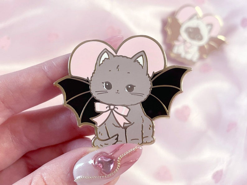Creepy Cute Pin Bat Cat Retro Kitsch Kitten Oddity Art as Hard Enamel Accessory image 2