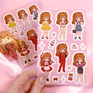 NGE Asuka Sticker Sheet | Anime Retro Kitsch Paper Doll Fanart as Vinyl Sticker Sheet