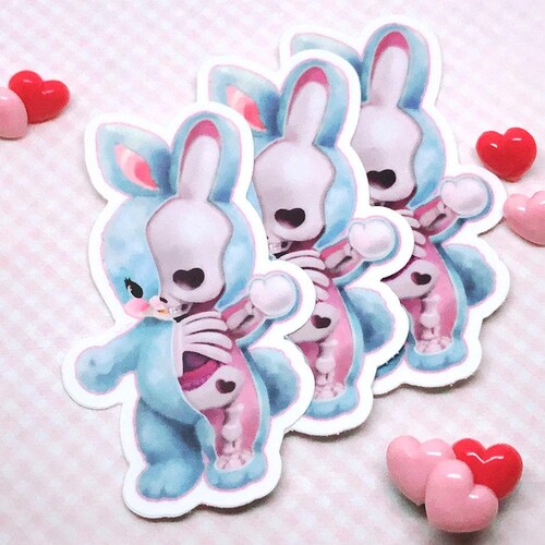 Pegatina espeluznante y adorable de conejo esqueleto / Arte anatómico kitsch retro en vinilo impermeable