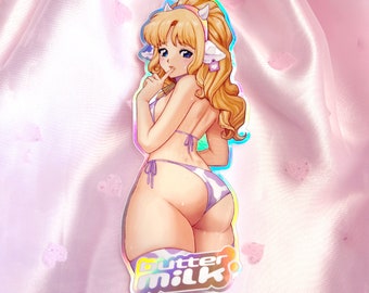 Buttermilk Pinup Anime Girl Pegatina / Arte retro lindo y sexy en calcomanía holográfica