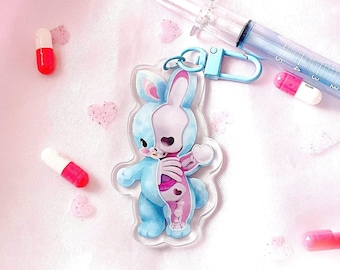 Creepy Cute Skeleton Bunny Acrylic Charm | Rabbit Oddity Art on Keychain Accessory