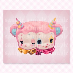 May include: A digital illustration of a two-headed pink creature with clown-like features, wearing striped party hats and ruffled collars in yellow and magenta. The faces have painted teardrops and star accents, set against a light pink background.