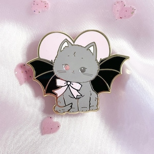 Creepy Cute Pin Bat Cat Retro Kitsch Kitten Oddity Art as Hard Enamel Accessory image 4