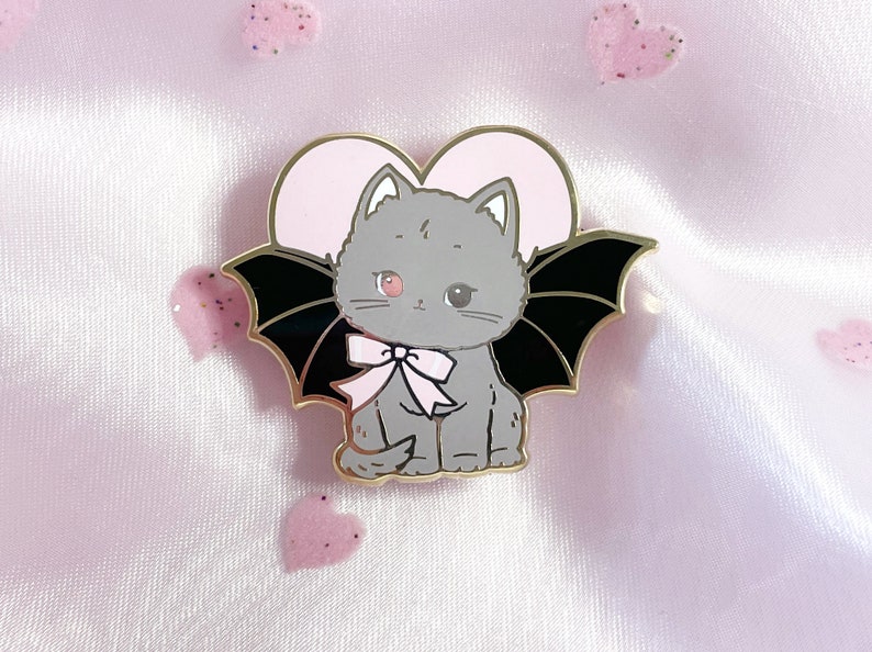 Creepy Cute Pin Bat Cat Retro Kitsch Kitten Oddity Art as Hard Enamel Accessory image 4