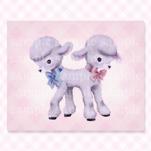 May include: A digital illustration of a two-headed lamb with light gray fur, large dark eyes, and pink inner ears. One head wears a blue bow, and the other wears a pink bow. The background is a light pink checkered pattern with the text Vampire Valentine.