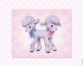 Creepy Cute Print Lamb Twins | Retro Kitsch Oddity Art as Quirky Home Decor Poster