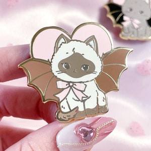Creepy Cute Pin Bat Cat Retro Kitsch Kitten Oddity Art as Hard Enamel Accessory image 3