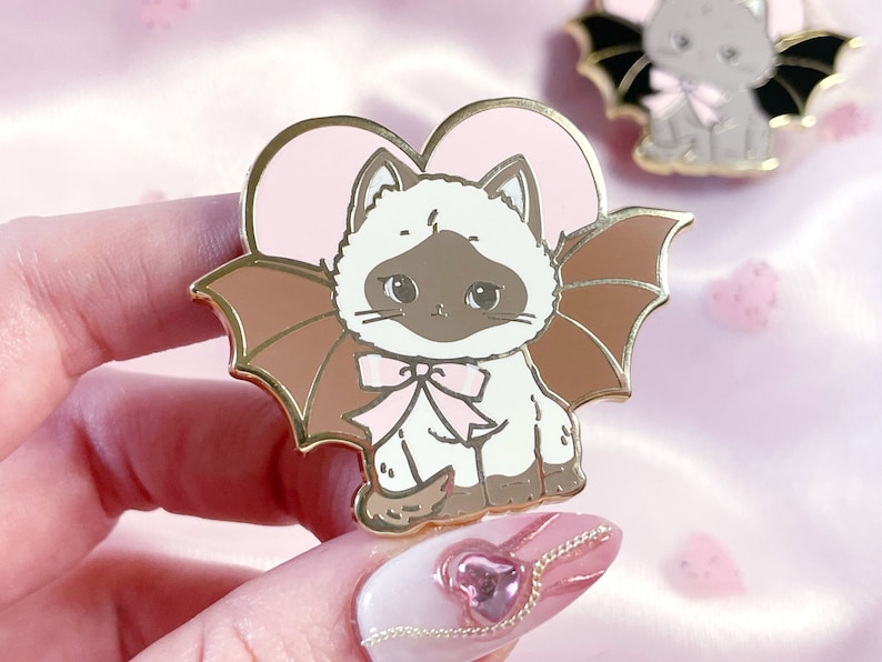 Creepy Cute Pin Bat Cat Retro Kitsch Kitten Oddity Art as Hard Enamel Accessory image 3