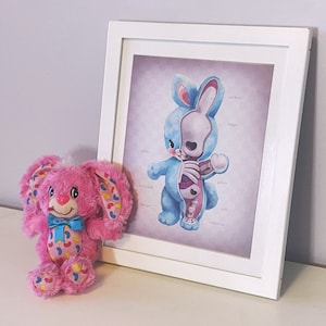 Griezelig schattig skelet konijn print | Gothic kitsch konijn anatomie illustratie als eigenzinnige muurposter