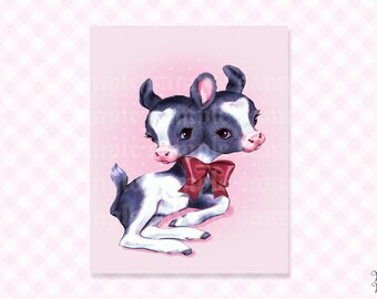 Affiche décorative murale originale représentant une vache à deux têtes | Art kitsch à la fois mignon et effrayant