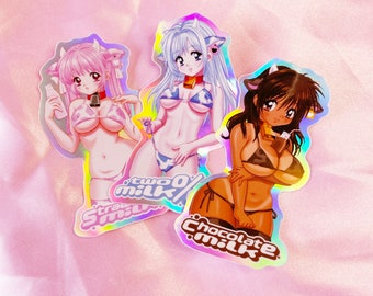 Anime Girl Pinup SMALL Vers. Sticker Set | Cute and Sexy Retro Art as 3 Inch Holographic Decal Set of Three | Tres Leches