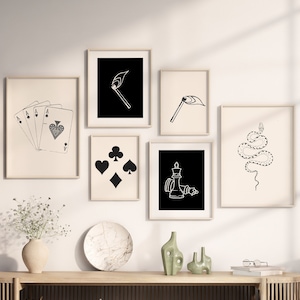 Poster di carte da gioco retrò in bianco e nero Stampa di carte da gioco Set di 6 Poster bianchi Estetica Alla moda Wall Art Download digitale Stampa di dadi Quadrato