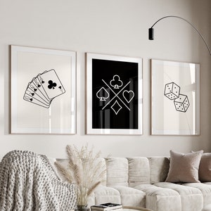 Retro Schwarz und Weiß Poster Set von 3 Trendy Spielkarten Wohnkultur Ästhetische Raumdekor Minimalistisch druckbare Wand Kunst Kartenspiel Poster