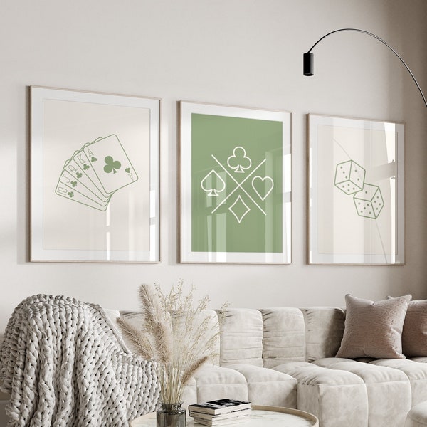 Sage Green Wall Art Playing Cards Poster Set Playing Card Posters Playing Card Print Sagegreen Sage Green Gift Artwork Green Retro Trendy