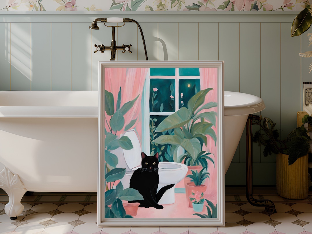 Black Cat Wall Art Cat Bathroom Poster Pink Teal Bathroom Print Quirky ...
