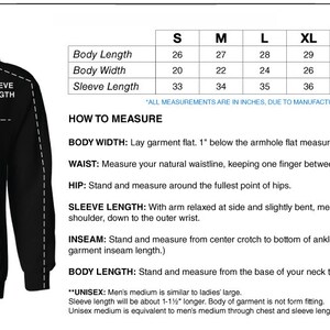 May include: A black hooded sweatshirt with a size chart showing measurements in inches for sizes S through 5X. The chart includes body length, body width, and sleeve length.