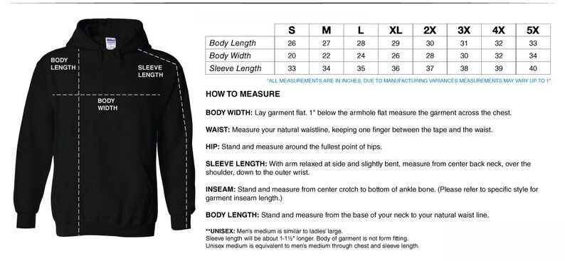 May include: A black hooded sweatshirt with a size chart showing measurements in inches for sizes S through 5X. The chart includes body length, body width, and sleeve length.