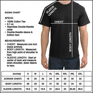 May include: Sizing chart for a t-shirt with measurements in inches for chest, body length, and sleeve length. Sizes range from S to 5XL.