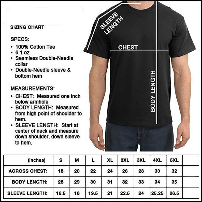 May include: Sizing chart for a t-shirt with measurements in inches for chest, body length, and sleeve length. Sizes range from S to 5XL.