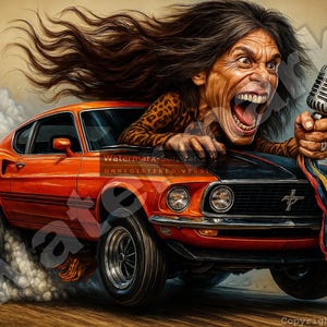 May include: An orange classic muscle car with a black hood, driven by a cartoonish figure with long hair and a microphone. The figure is screaming. The car is kicking up smoke.