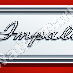Könnte beinhalten: Stilisierte Grafik des Wortes "Impala" in Schreibschrift, mit silberner Umrandung und schwarzem Schatten. Der Text befindet sich vor einem weißen Hintergrund mit silbernen und grauen Zierleisten und einem roten Sockel.