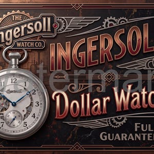 May include: A silver pocket watch with a white face, blue hands, and visible internal gears, displayed next to a sign reading The Ingersoll Watch Co. INGERSOLL Dollar Watch FULLY GUARANTEED with decorative winged gear graphics and dark borders.