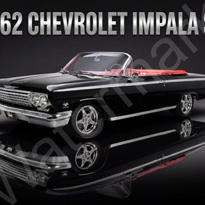 May include: A black 1962 Chevrolet Impala SS convertible with a red interior. The car has chrome accents, a silver trim, and a shiny black finish. The text "1962 CHEVROLET IMPALA SS" is displayed at the top.